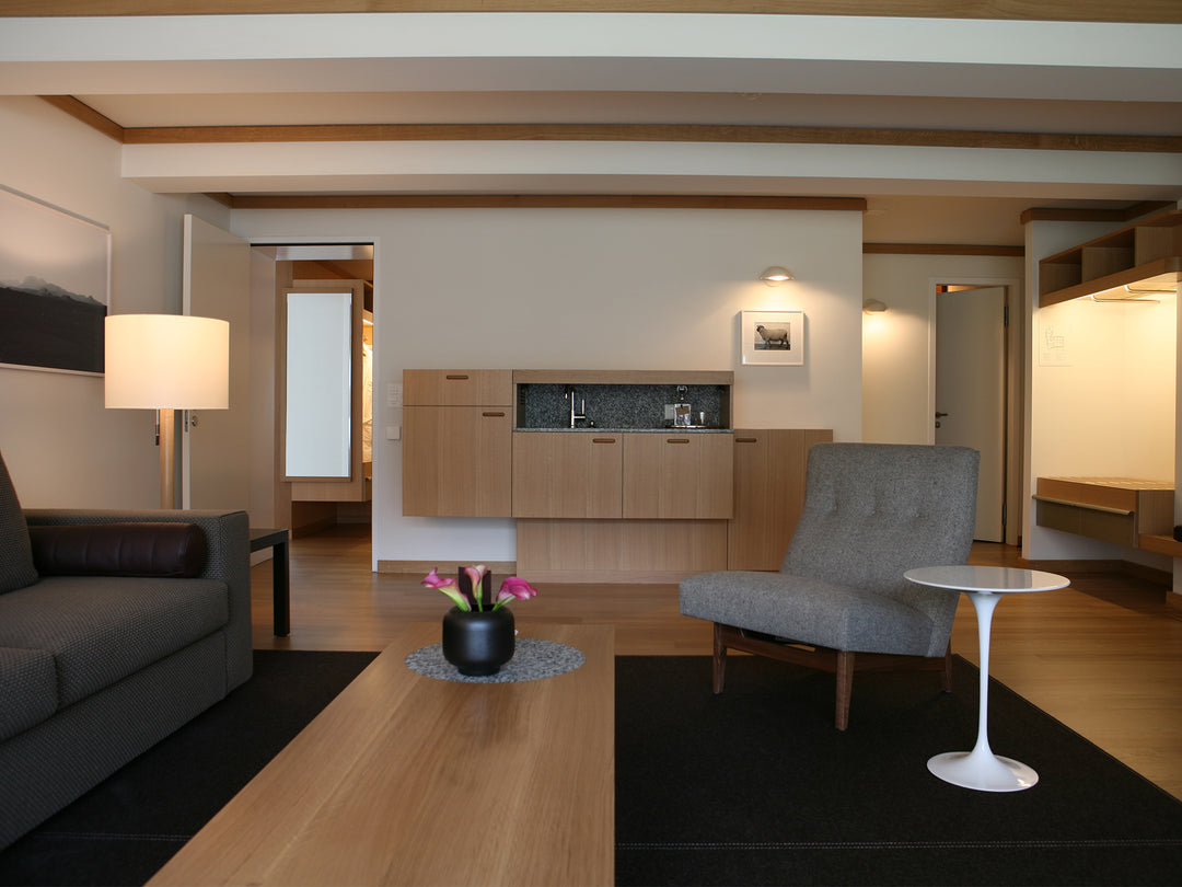 CH Zermatt Hotel Omnia Feltro 737 braun meliert Suite Wand mit Ruckstuhl Feltro