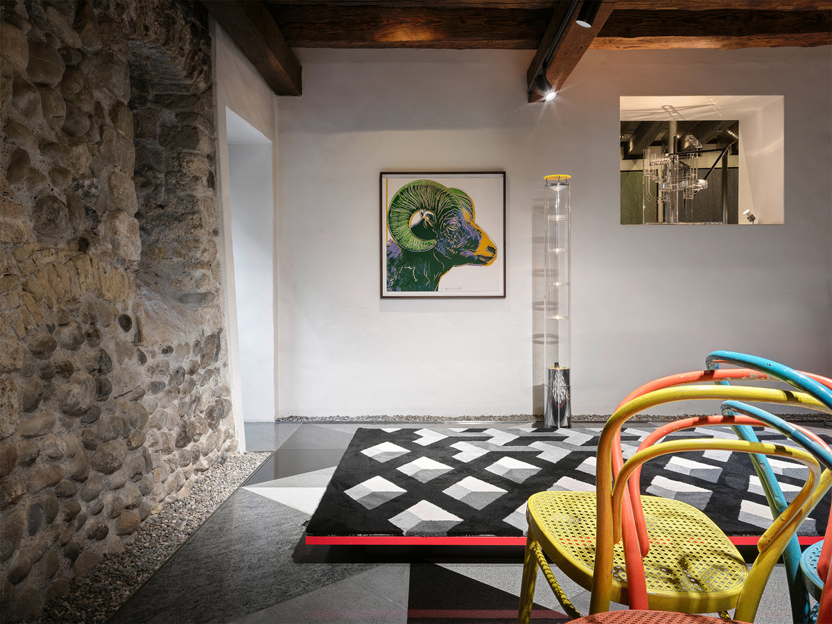 «Siamesischer Drilling» in der Ausstellung «Vom Stuhl zum Raum» im Widder Hotel vor Warhol's «Bighorn Ram» 